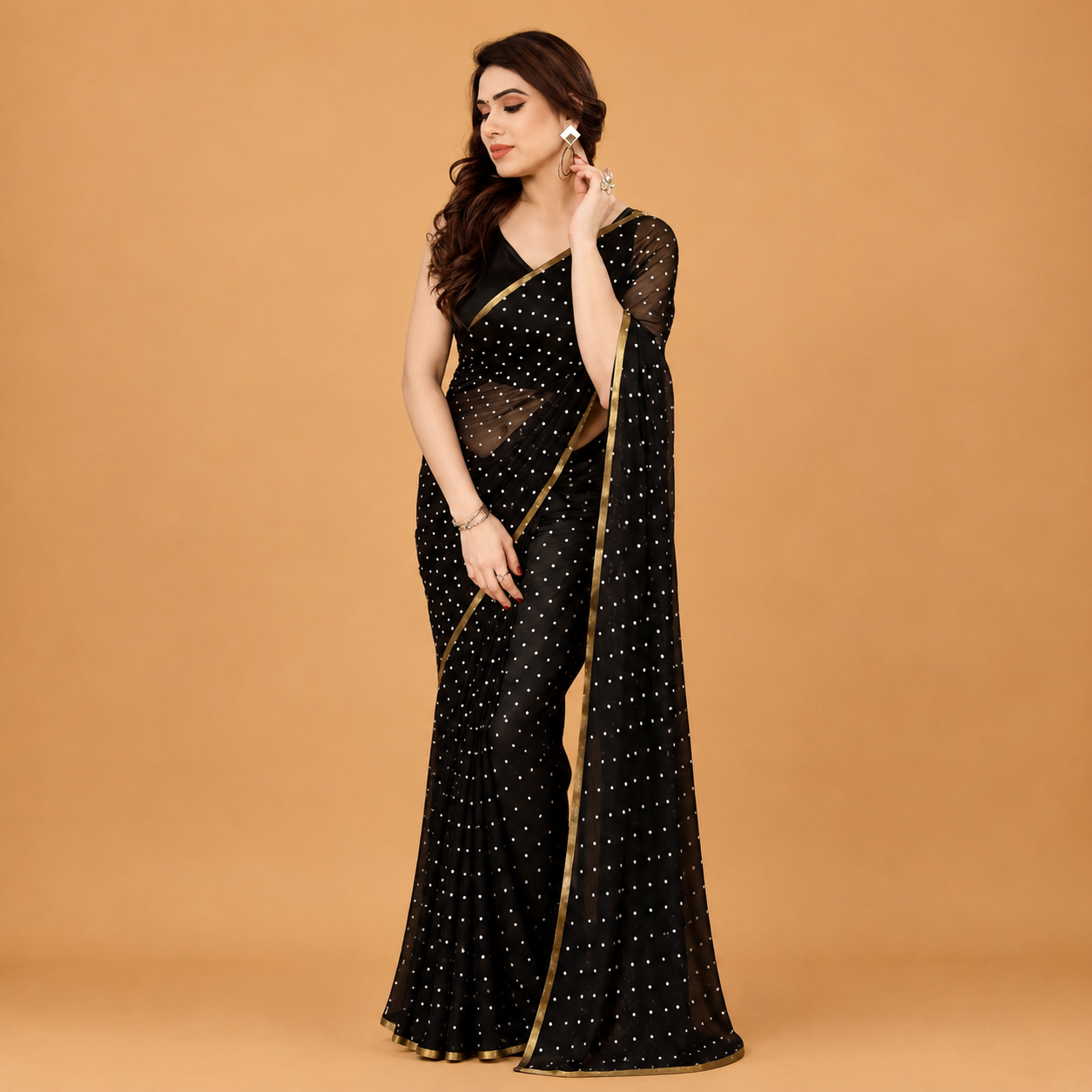 Women's Premium Black Net Saree with Silver Stone Work & Golden Border | Designer Party Wear Saree