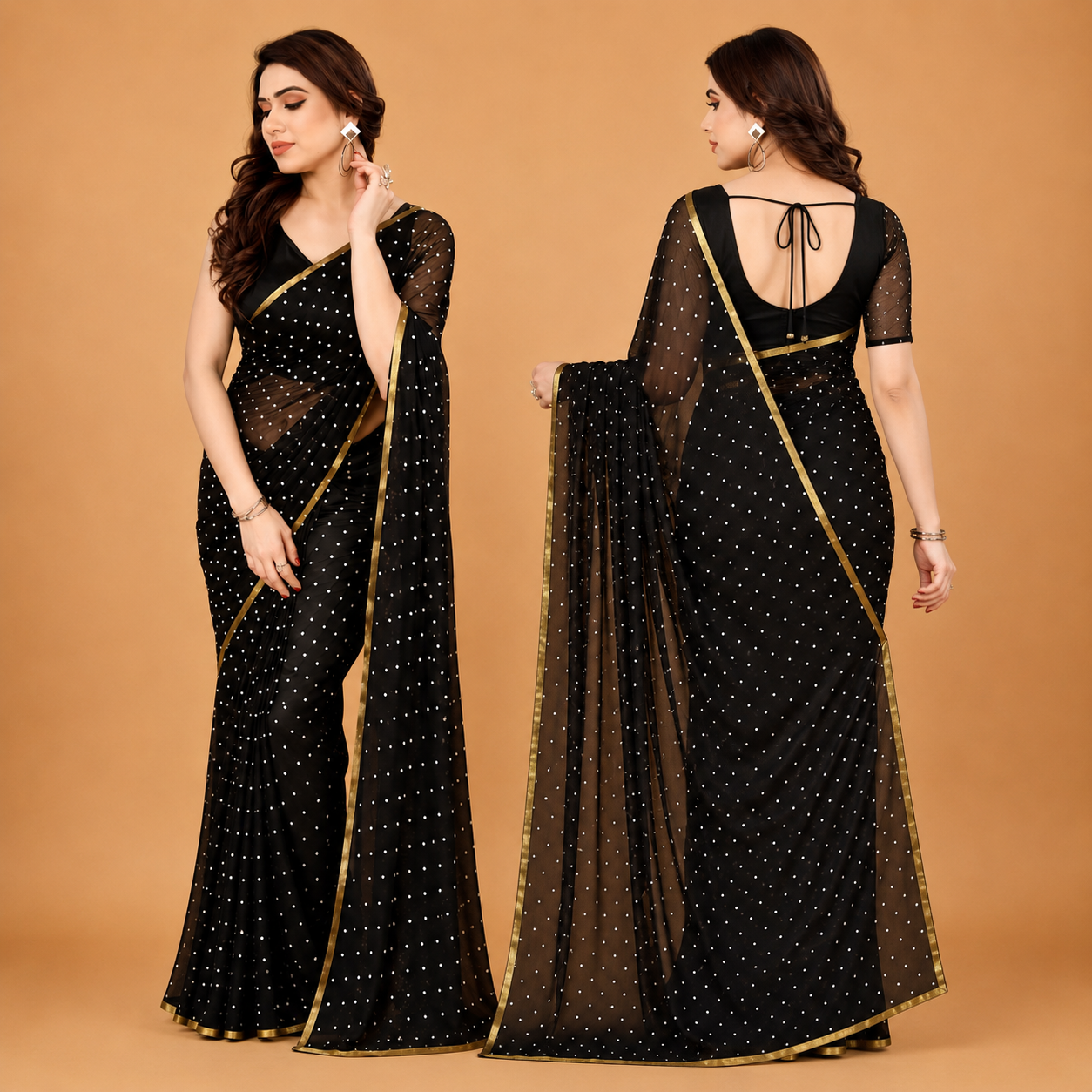 Women's Premium Black Net Saree with Silver Stone Work & Golden Border | Designer Party Wear Saree
