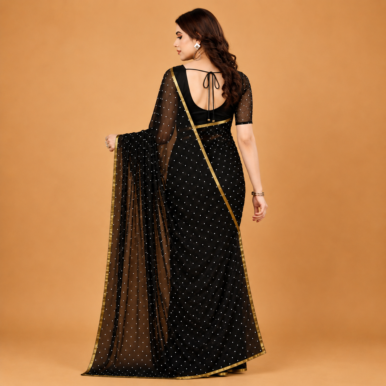 Women's Premium Black Net Saree with Silver Stone Work & Golden Border | Designer Party Wear Saree