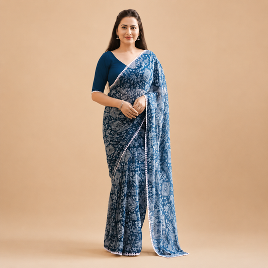 Women's Premium Indigo Blue Printed Saree with Traditional Ethnic Motifs | Casual, Office & Festive Wear