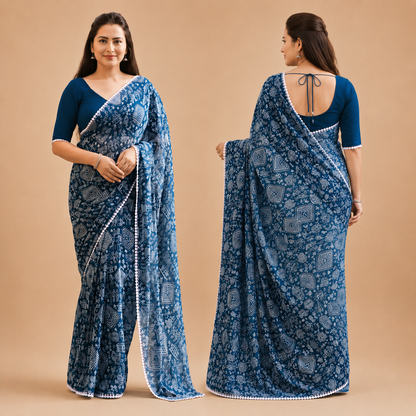 Women's Premium Indigo Blue Printed Saree with Traditional Ethnic Motifs | Casual, Office & Festive Wear