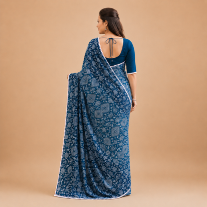 Women's Premium Indigo Blue Printed Saree with Traditional Ethnic Motifs | Casual, Office & Festive Wear