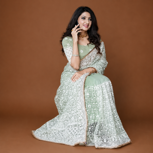 Heavy Soft Net Chikankari Embroidery Saree with Heavy Banglory Blouse.