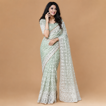 Heavy Soft Net Chikankari Embroidery Saree with Heavy Banglory Blouse.