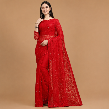 Ruby Red Sequin Embroidered Net Saree with Designer Blouse