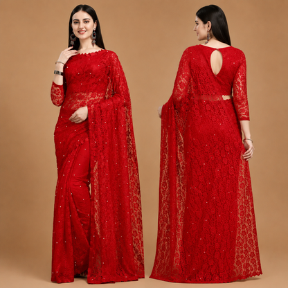 Ruby Red Sequin Embroidered Net Saree with Designer Blouse