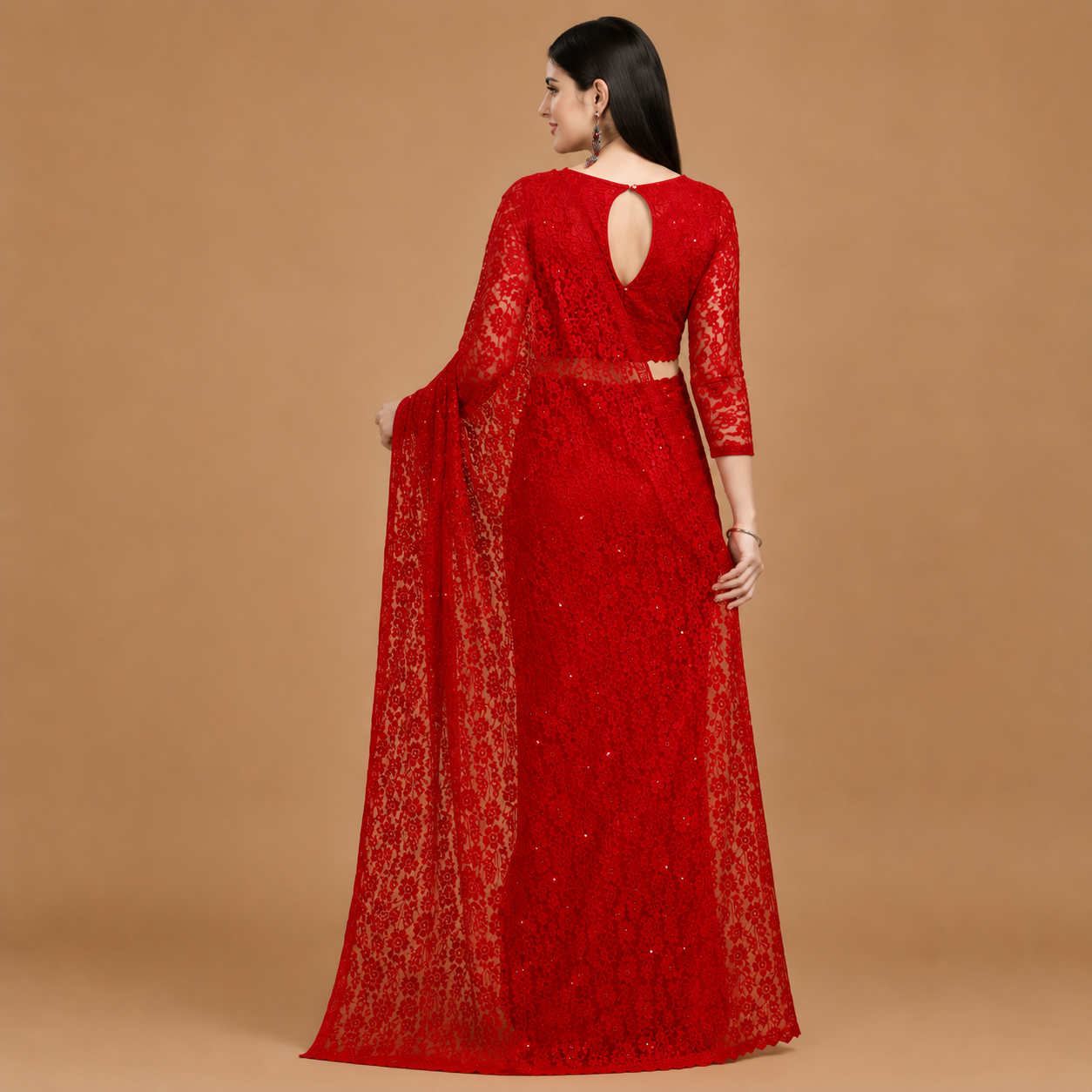 Ruby Red Sequin Embroidered Net Saree with Designer Blouse