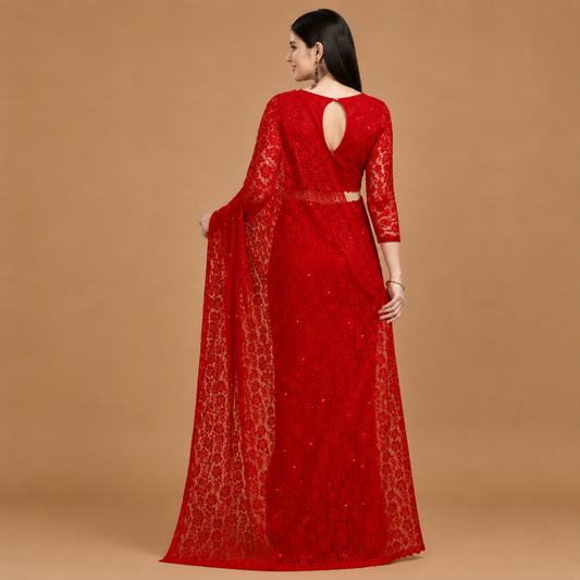 Ruby Red Sequin Embroidered Net Saree with Designer Blouse
