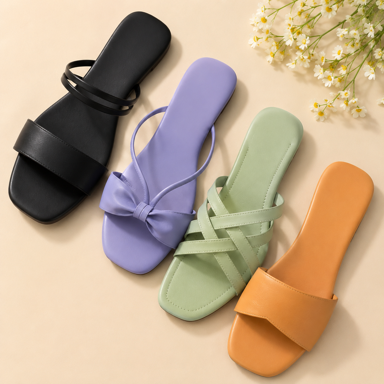 Dyana Core Women’s Trendy Flat Slip-On Sandals – Multi-Style Collection (Pack of 4)