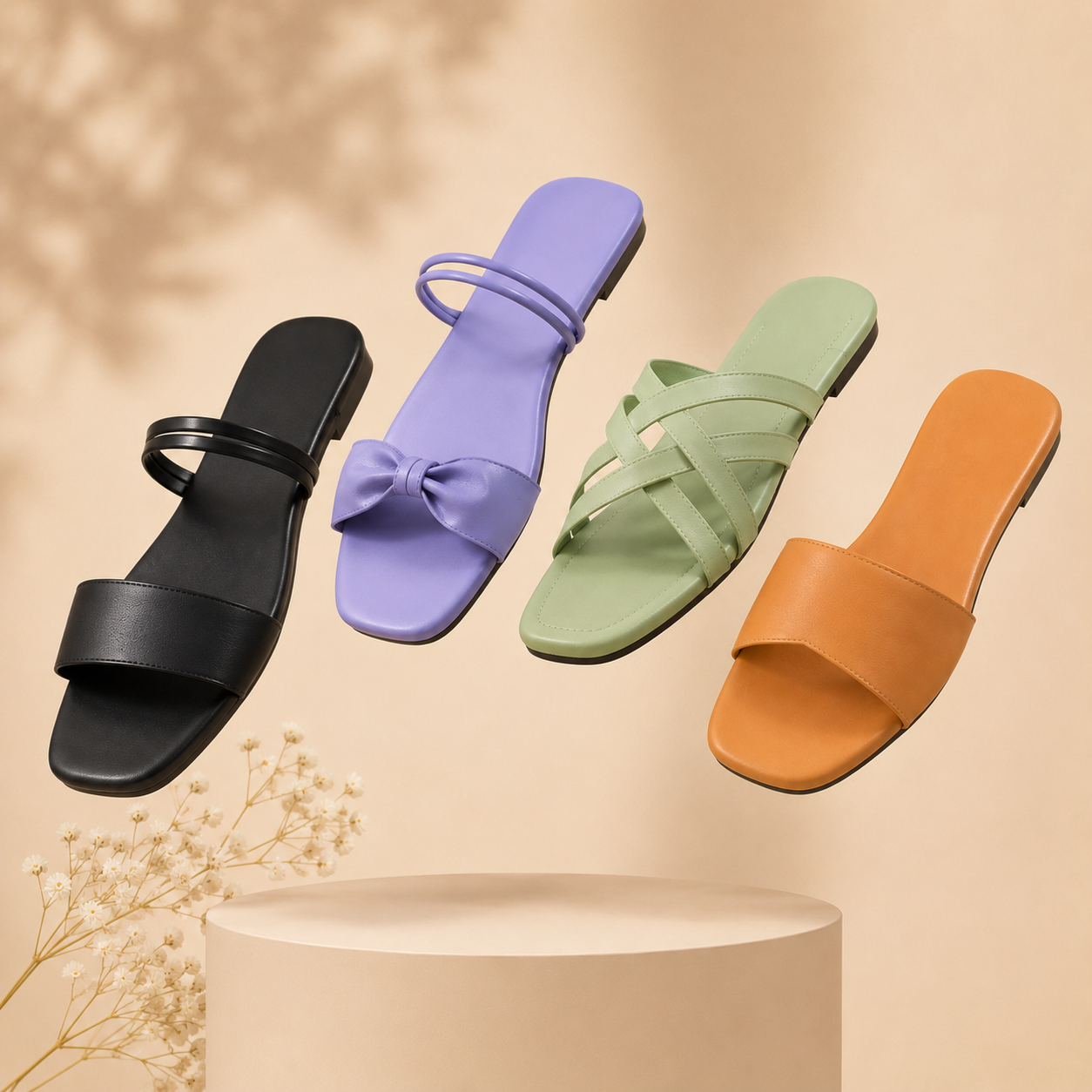 Dyana Core Women’s Trendy Flat Slip-On Sandals – Multi-Style Collection (Pack of 4)