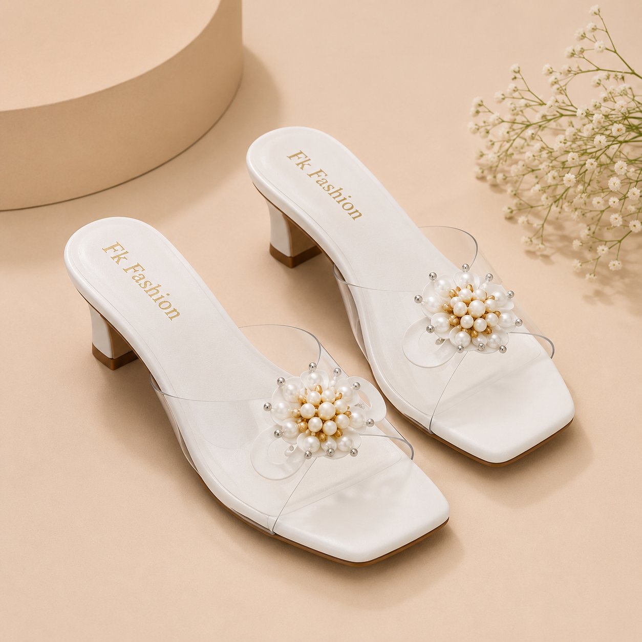 Dyana Core Women's Elegant Ivory White Block Heel Mules – Clear Strap Slip-On Sandals with Floral Pearl Embellishment