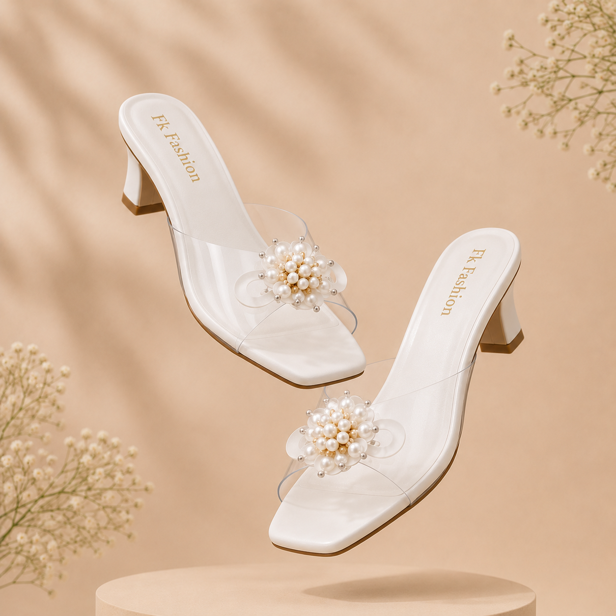 Dyana Core Women's Elegant Ivory White Block Heel Mules – Clear Strap Slip-On Sandals with Floral Pearl Embellishment