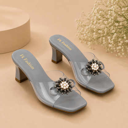 Dyana Core Women's Elegant Grey Block Heel Mules – Clear Strap Slip-On Sandals with Floral Pearl Embellishment