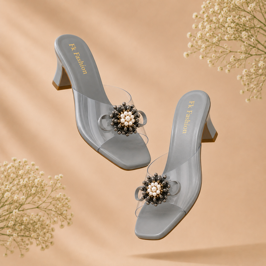 Dyana Core Women's Elegant Grey Block Heel Mules – Clear Strap Slip-On Sandals with Floral Pearl Embellishment