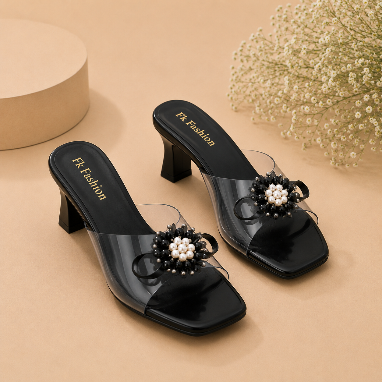 Dyana Core Women's Midnight Black Block Heel Mules – Clear Strap Slip-On Sandals with Floral Pearl Embellishment