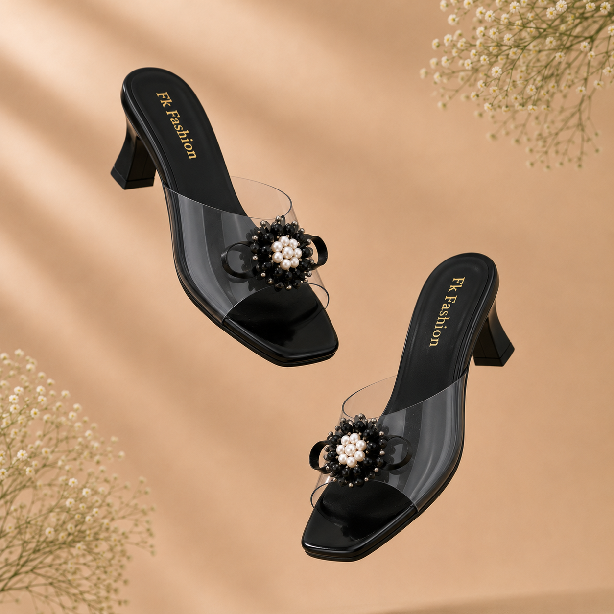 Dyana Core Women's Midnight Black Block Heel Mules – Clear Strap Slip-On Sandals with Floral Pearl Embellishment
