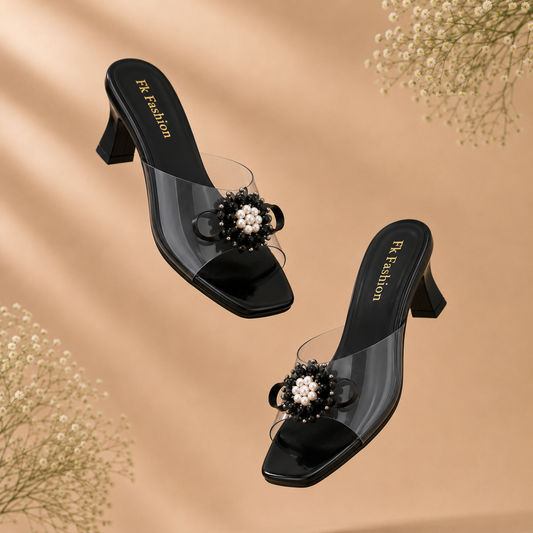 Dyana Core Women's Midnight Black Block Heel Mules – Clear Strap Slip-On Sandals with Floral Pearl Embellishment