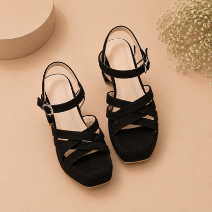 Women's Elegant Black Suede Criss-Cross Platform Block Heels – Stylish Open-Toe Strappy Sandal with Adjustable Ankle Buckle