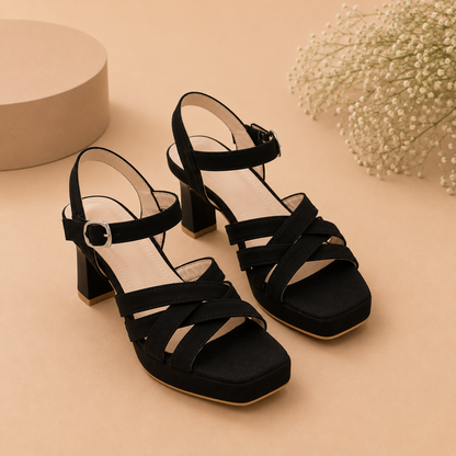 Women's Elegant Black Suede Criss-Cross Platform Block Heels – Stylish Open-Toe Strappy Sandal with Adjustable Ankle Buckle