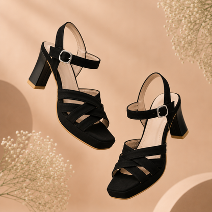 Women's Elegant Black Suede Criss-Cross Platform Block Heels – Stylish Open-Toe Strappy Sandal with Adjustable Ankle Buckle