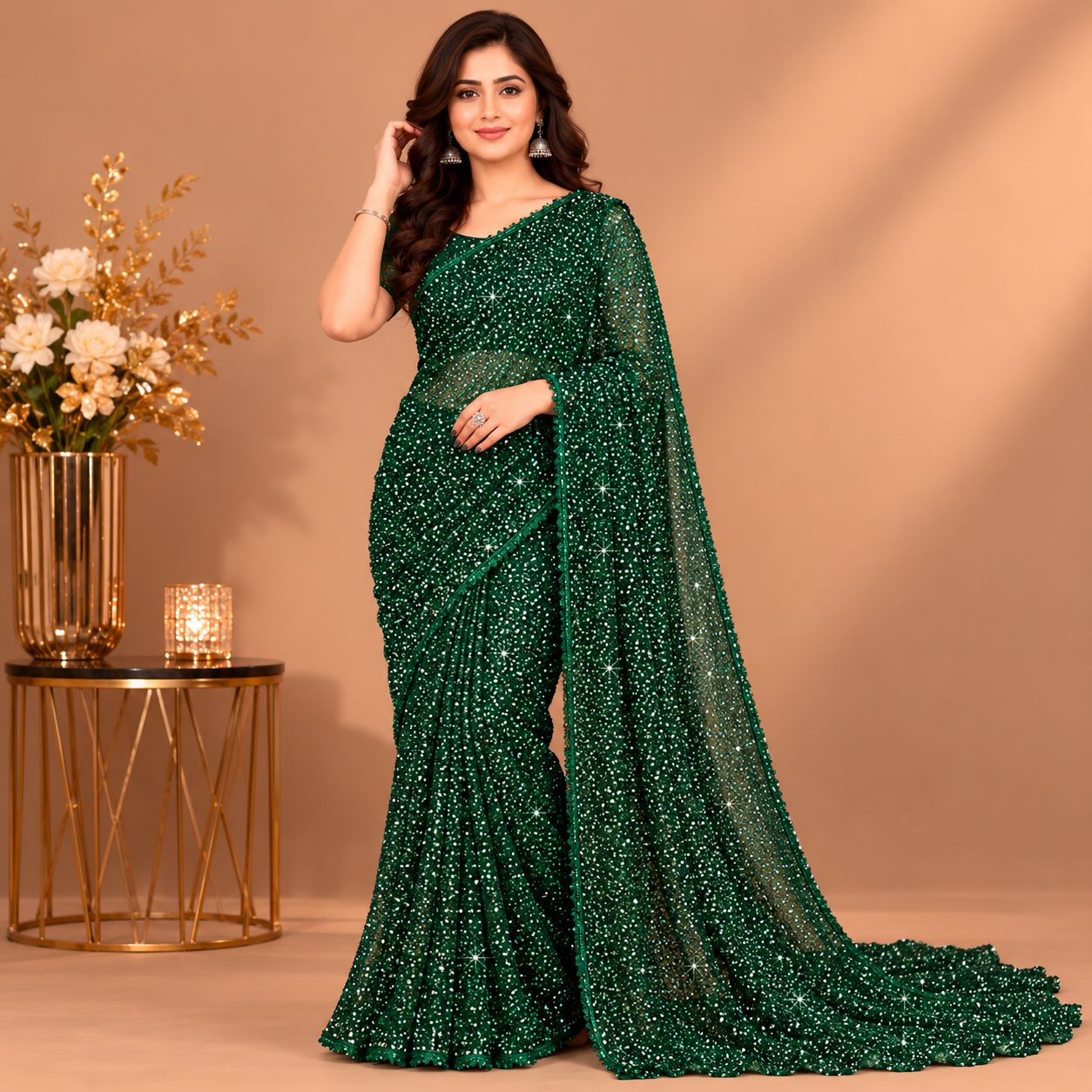 Emerald Green Sequin Party Wear Saree for Women – Premium Designer Glam Collection