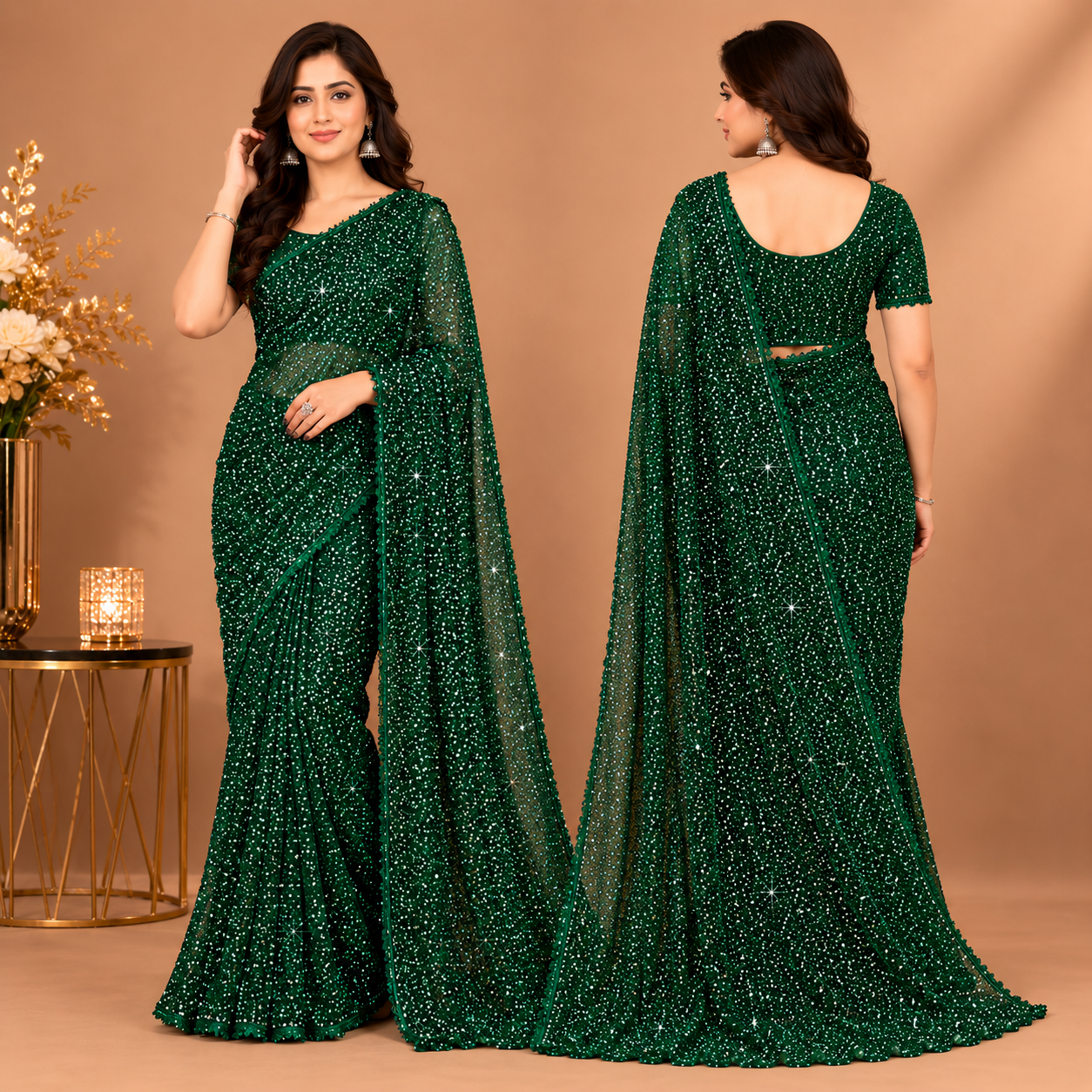 Emerald Green Sequin Party Wear Saree for Women – Premium Designer Glam Collection