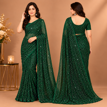 Emerald Green Sequin Party Wear Saree for Women – Premium Designer Glam Collection