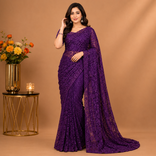 Royal Purple Sequin Designer Saree with Matching Blouse – Premium Party Wear Collection