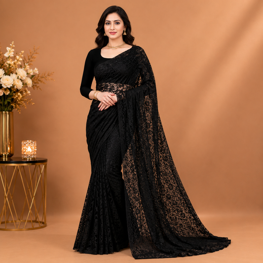 Midnight Black Floral Lace Saree with Elegant Designer Drape
