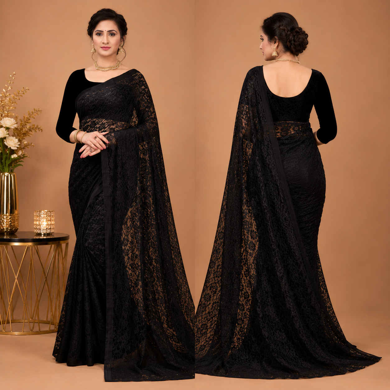 Midnight Black Floral Lace Saree with Elegant Designer Drape