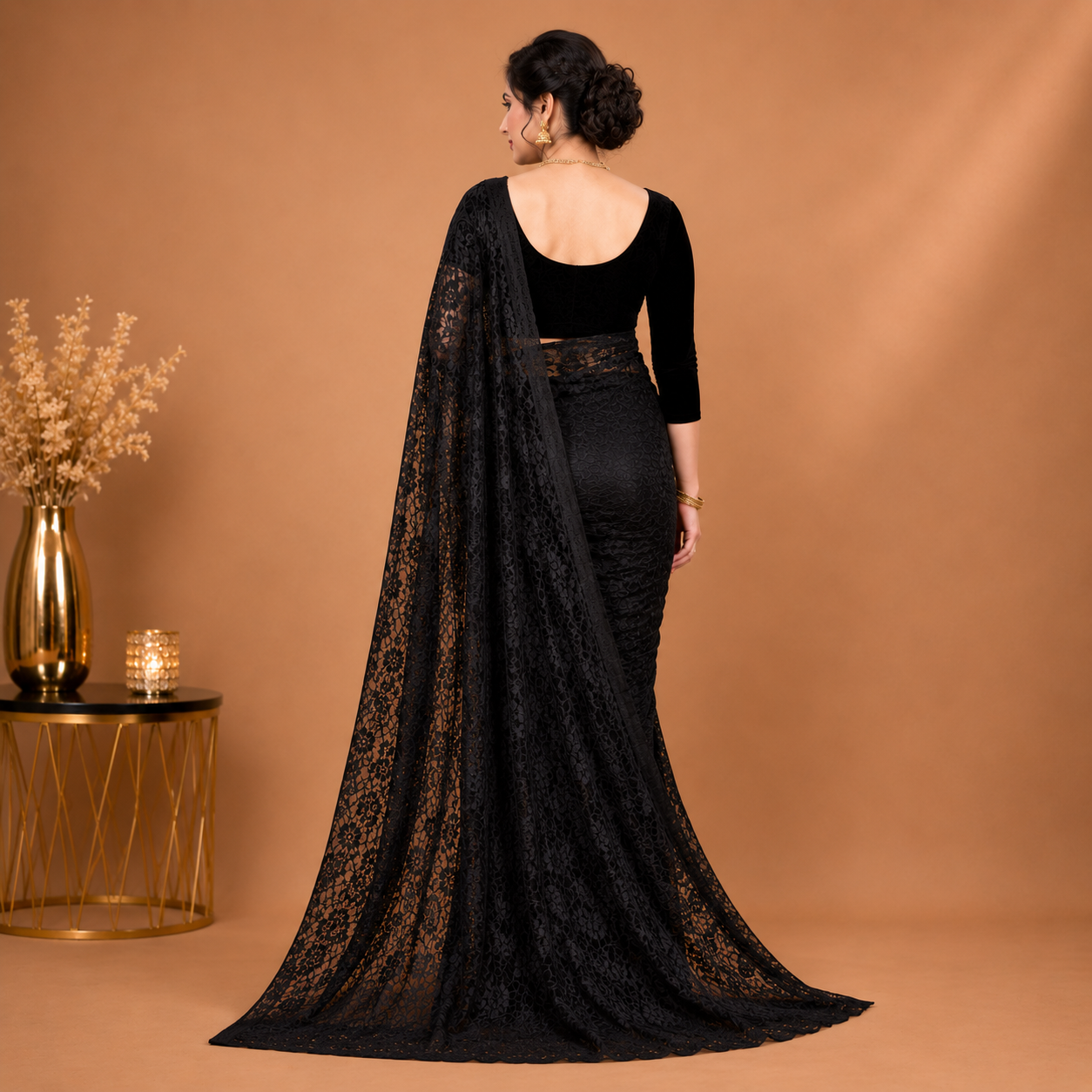 Midnight Black Floral Lace Saree with Elegant Designer Drape