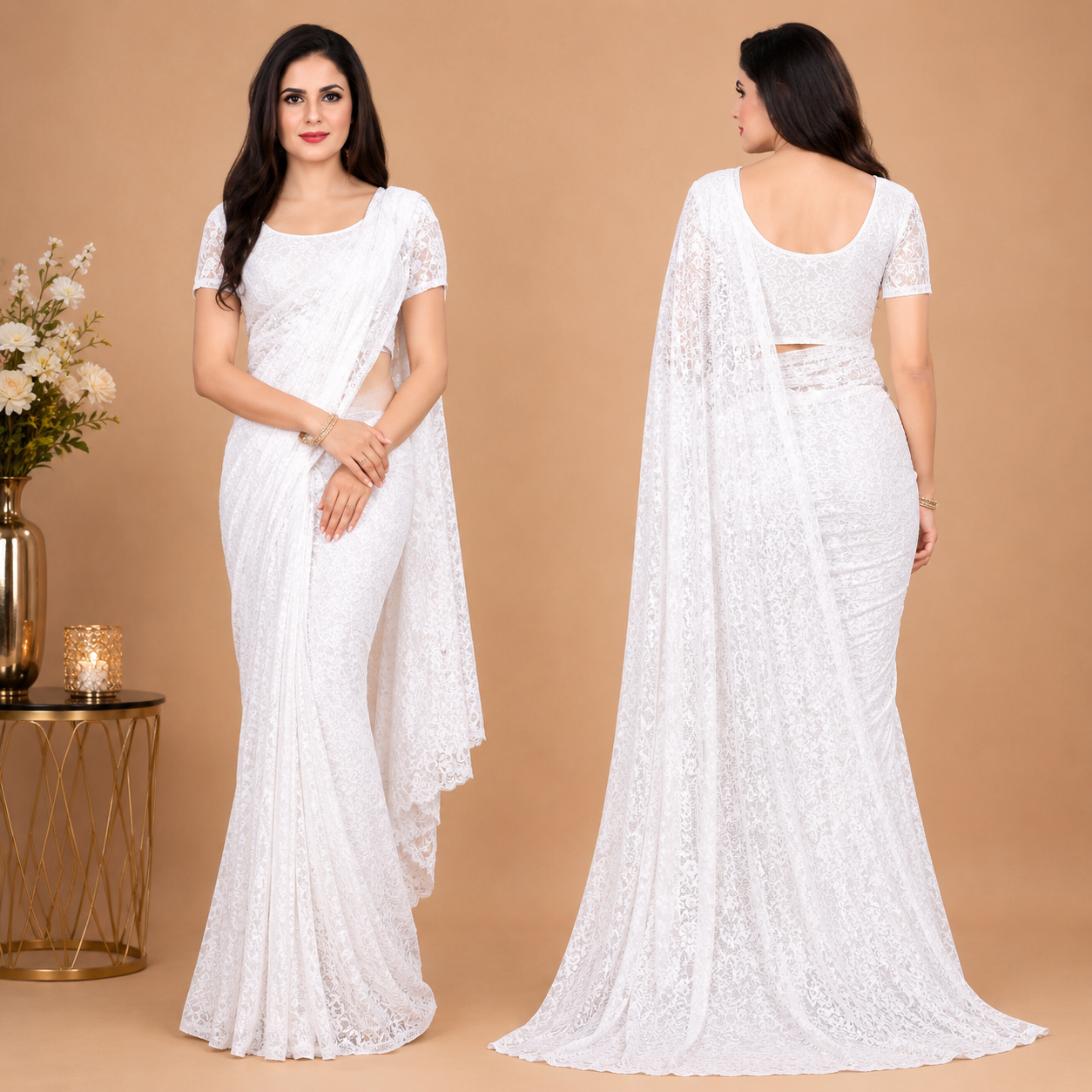 Snow White Floral Net Saree with Elegant Designer Drape