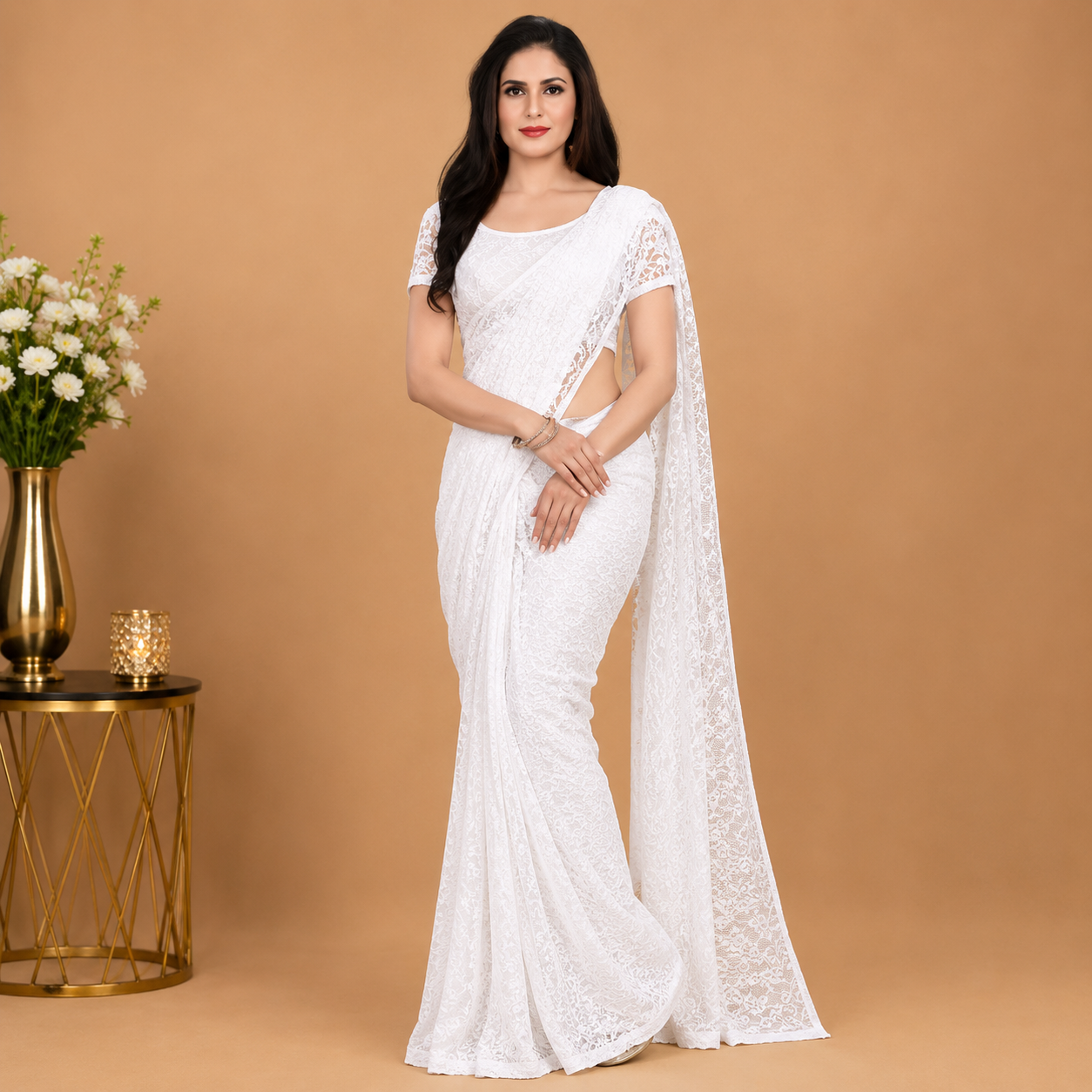 Snow White Floral Net Saree with Elegant Designer Drape