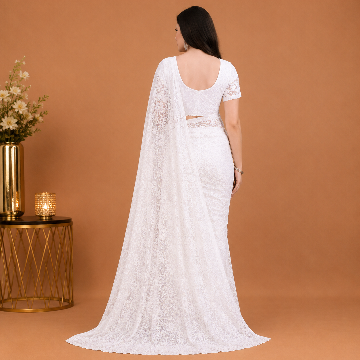 Snow White Floral Net Saree with Elegant Designer Drape