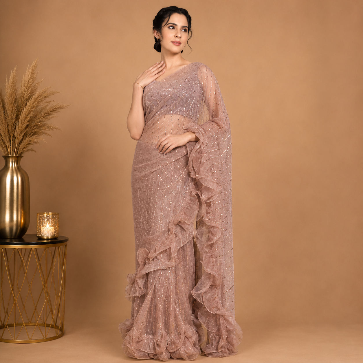 Dusty Rose Ruffle Net Saree with Sequin Embellished Designer Drape