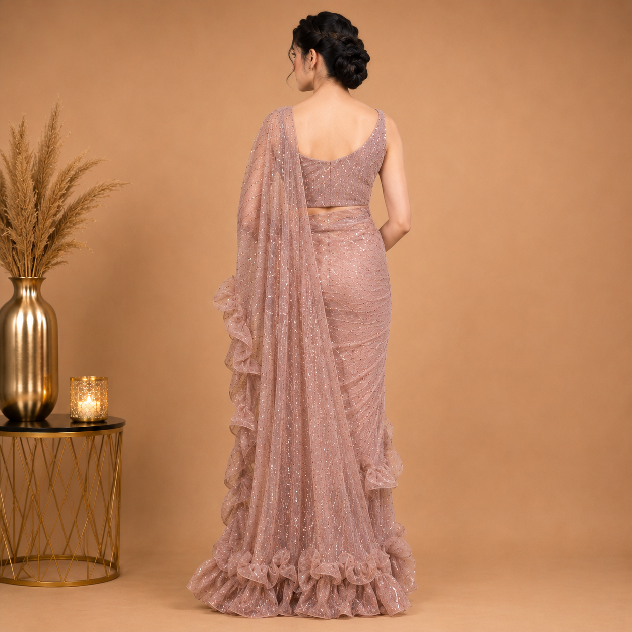 Dusty Rose Ruffle Net Saree with Sequin Embellished Designer Drape