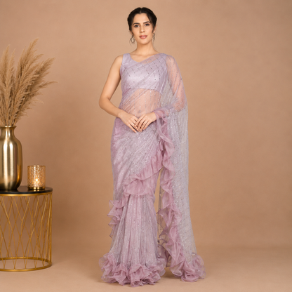 Elegant Lavender Ruffle Saree with Sequin Embellished Designer Drape