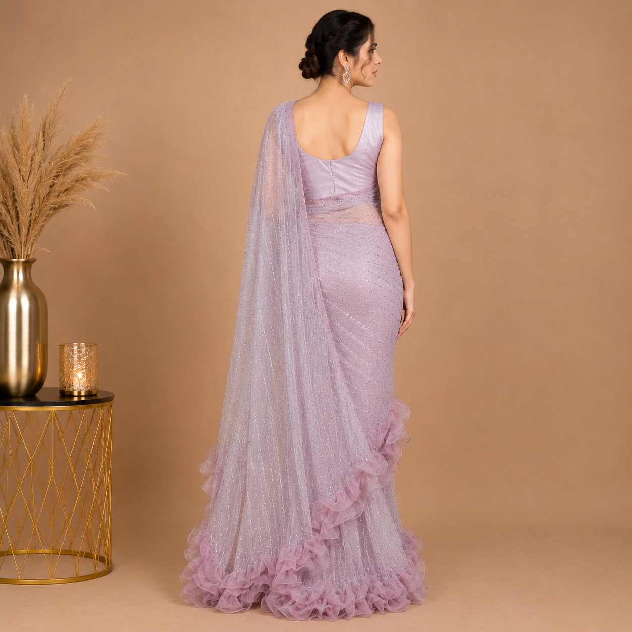 Elegant Lavender Ruffle Saree with Sequin Embellished Designer Drape