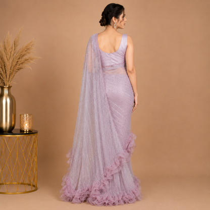 Elegant Lavender Ruffle Saree with Sequin Embellished Designer Drape