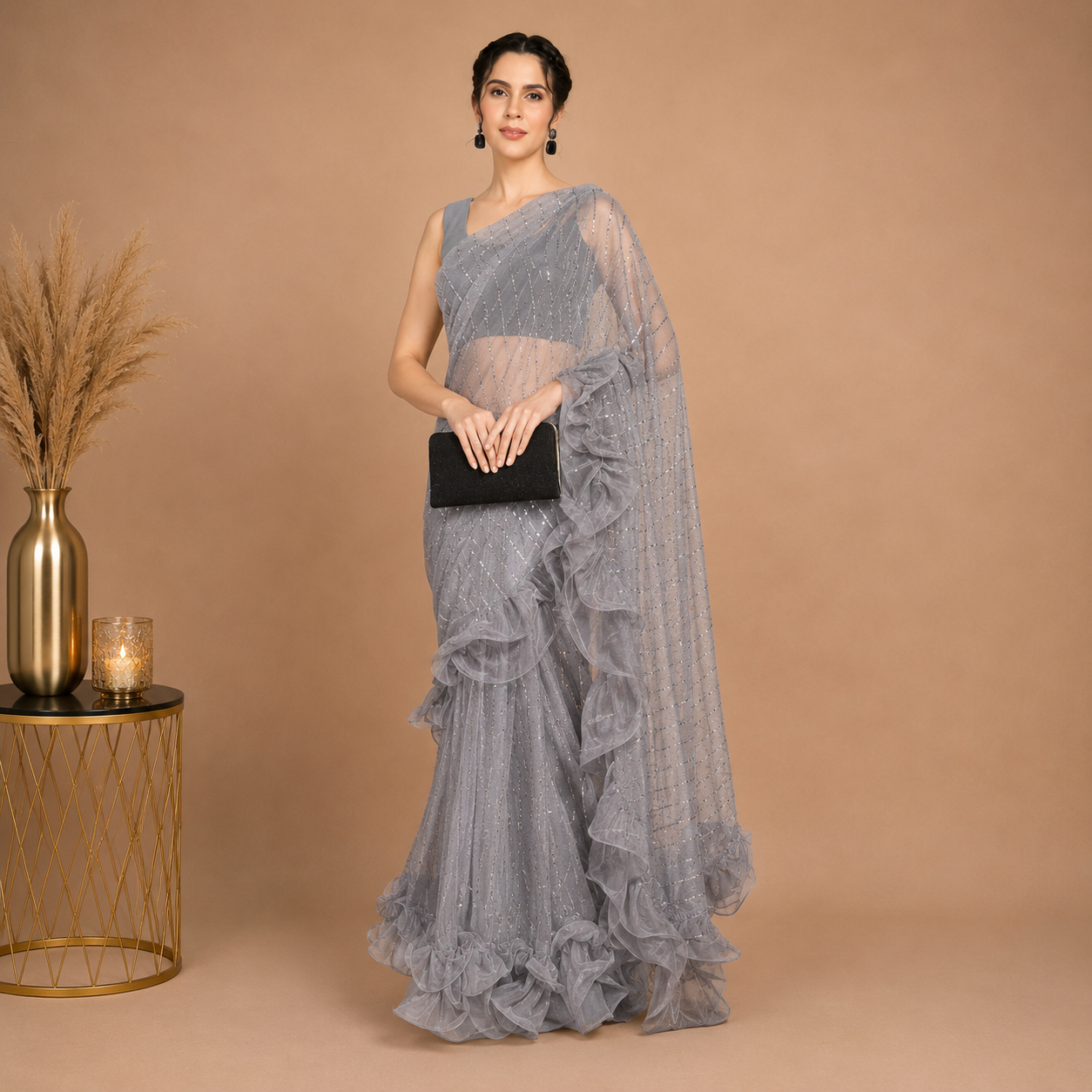 Moonstone Grey Ruffle Saree with Sequin Embellished Designer Drape