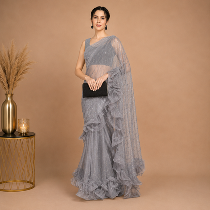 Moonstone Grey Ruffle Saree with Sequin Embellished Designer Drape