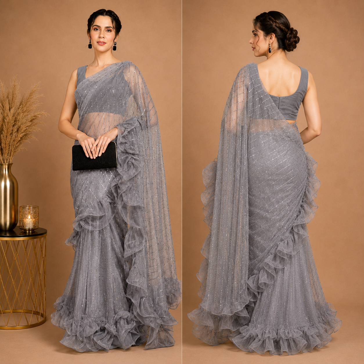 Moonstone Grey Ruffle Saree with Sequin Embellished Designer Drape