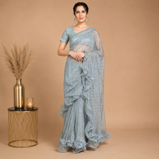Ice Blue Ruffle Saree with Sequin Embellished Designer Drape