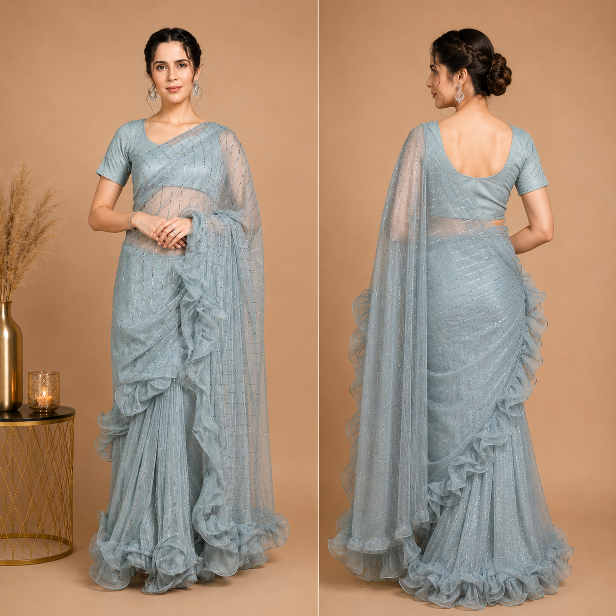 Ice Blue Ruffle Saree with Sequin Embellished Designer Drape