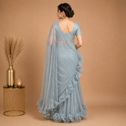 Ice Blue Ruffle Saree with Sequin Embellished Designer Drape