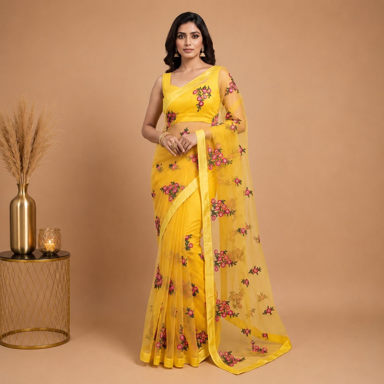 Sunshine Yellow Floral Embroidered Organza Net Saree with Elegant Designer Drape