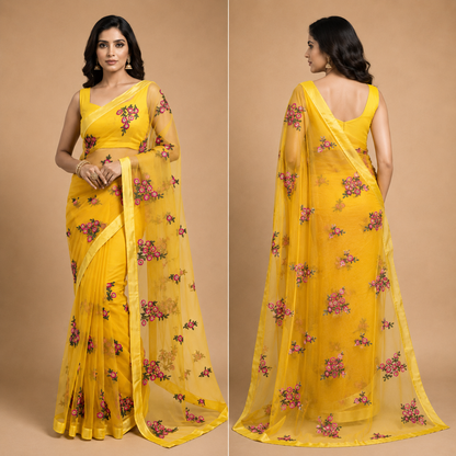 Sunshine Yellow Floral Embroidered Organza Net Saree with Elegant Designer Drape