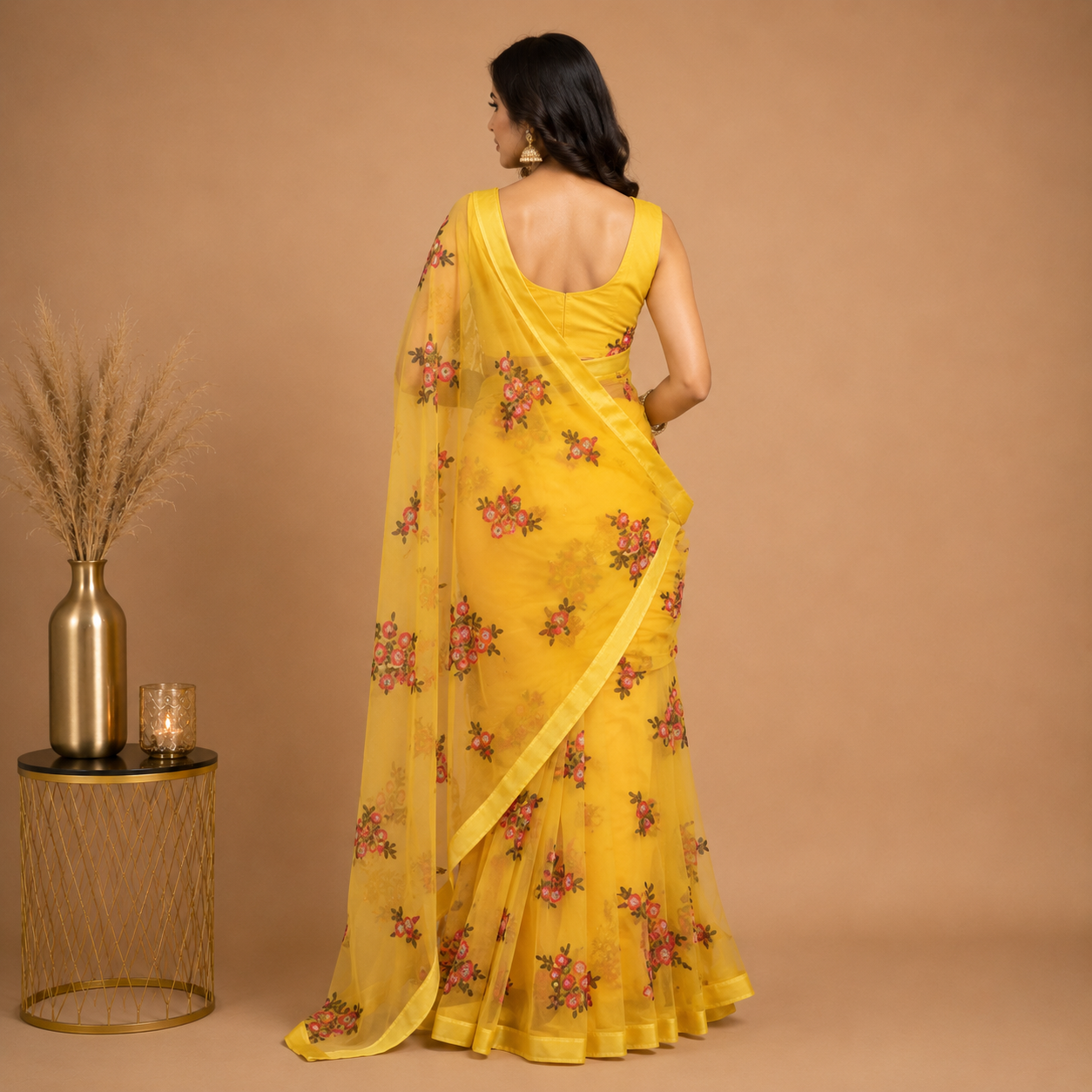 Sunshine Yellow Floral Embroidered Organza Net Saree with Elegant Designer Drape