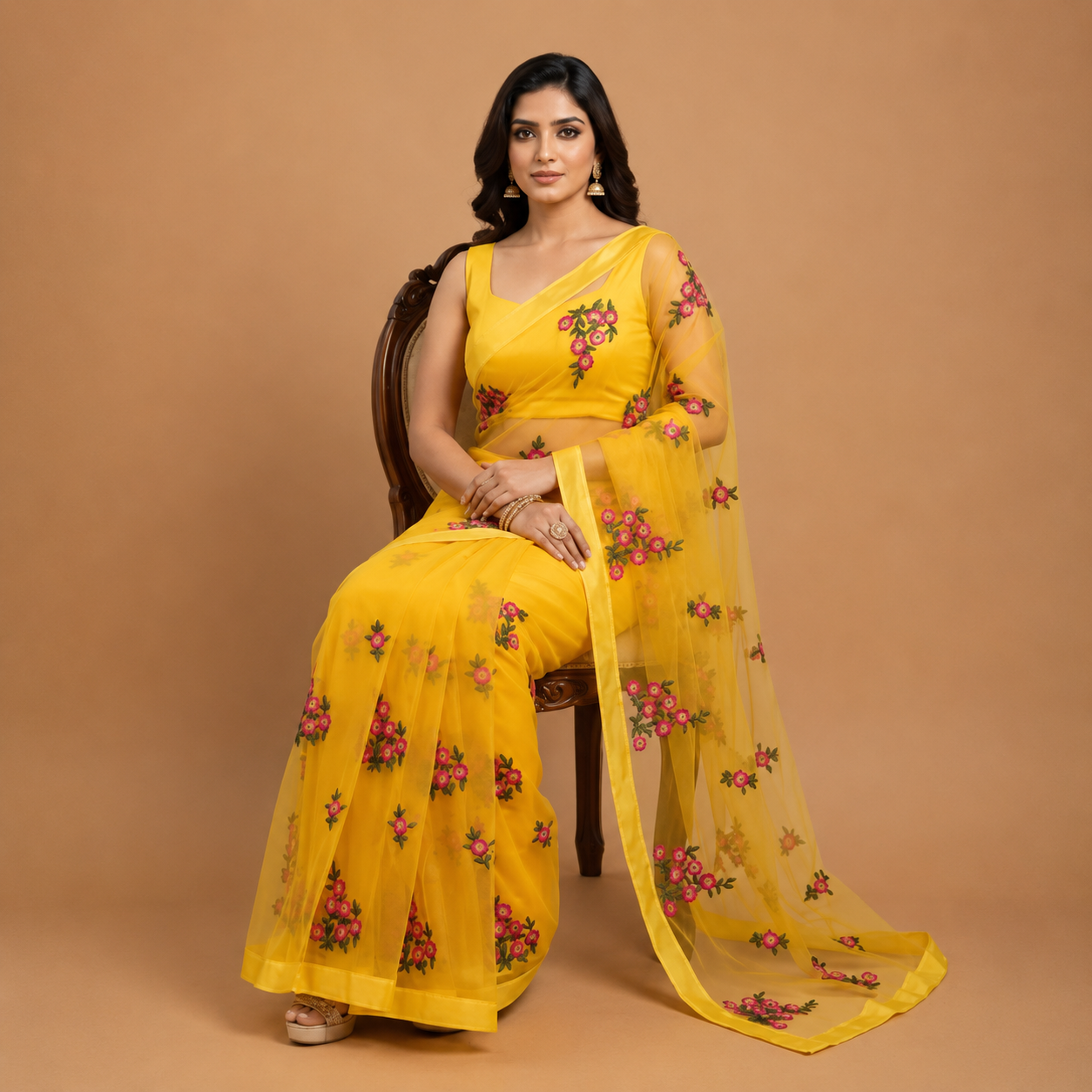 Sunshine Yellow Floral Embroidered Organza Net Saree with Elegant Designer Drape