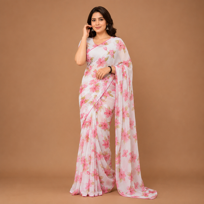 Pink Floral Print Designer Saree with Matching Blouse – Soft Elegant Party Wear Saree
